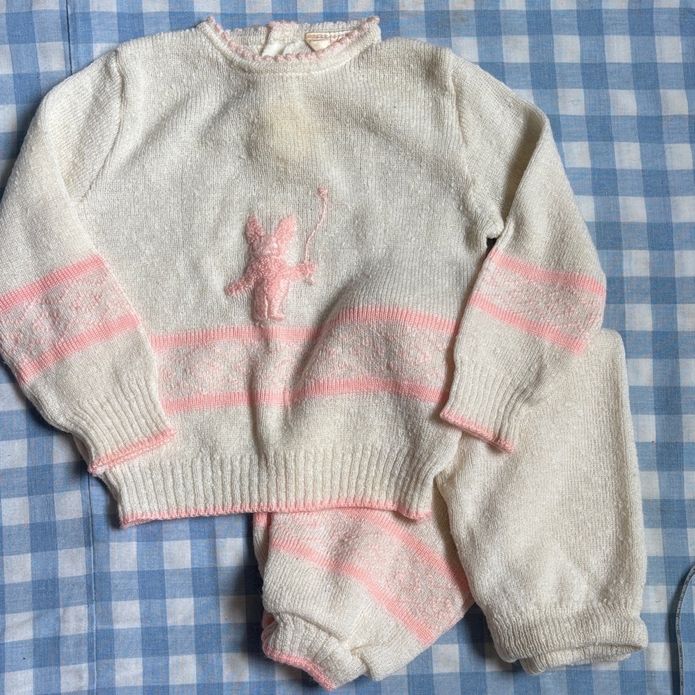 Vintage Cream & Pink Knit Baby Set with Bunny Motif